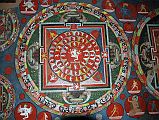 Mustang Lo Manthang 04 04-2 Jampa Gompa Dakini Mandala A mandala, or circle, is a representation of the Buddhist universe. These cosmograms represent in symbolic color, line, and geometric forms, all realms of existence and are used in Tantric meditation and initiation rites. The creation of a mandala, considered a consecrated area, is believed to benefit all beings. Dakinis dance and leap into the air performing acrobatic feats in a mandala on the upper floor of Jampa Lhakhang in Lo Manthang.
